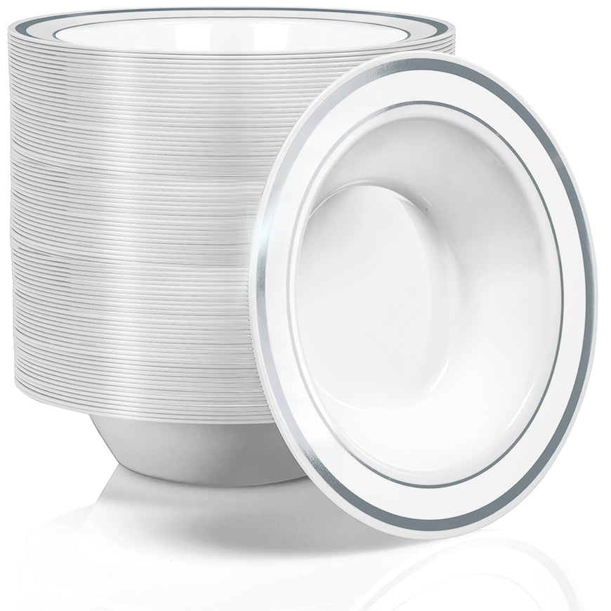 Stock Your Home Plastic Party Bowls (100 Pack) 12 Oz Elegant Disposable Dinnerware â€“ Fancy Shatterproof Tableware for Catering, Holidays, Party Supplies, Weddings & Everyday Use (Silver)