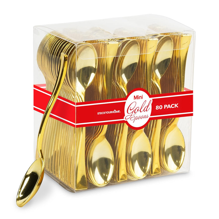 Gold Plastic Mini Spoons Disposable, 4 inch (80 Pack) Tasting Spoon, Dessert Mini spoon for Ice Cream Taster, Small Sample Desserts, Gelato Sampling, Fancy Miniature Pudding, Little Appetizers, Bulk