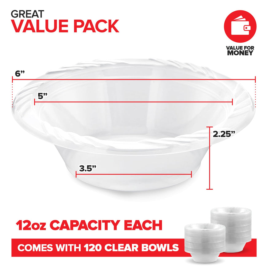 Stock Your Home 12 oz Disposable Clear Plastic Bowls - 120 Pack