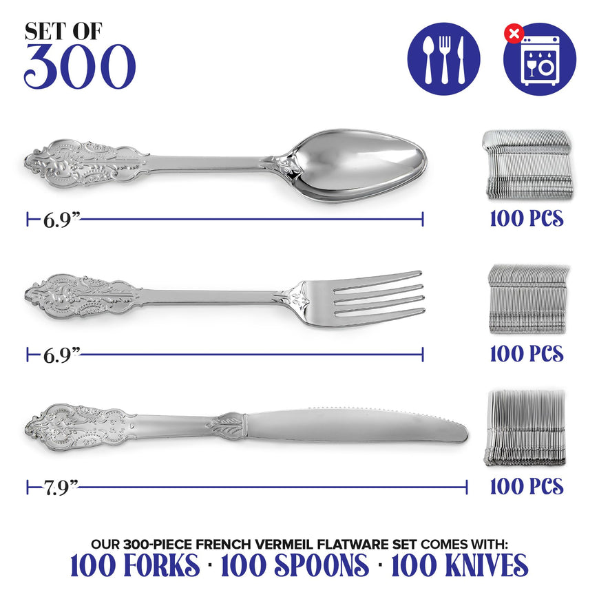 300 Pcs Silver Plastic Silverware Set- 100 Silver Forks, 100 Silver Spoons, 100 Silver Knives, Heavy Duty Disposable Utensils Heavyweight Cutlery, Elegant Flatware, Dinner Party, Wedding