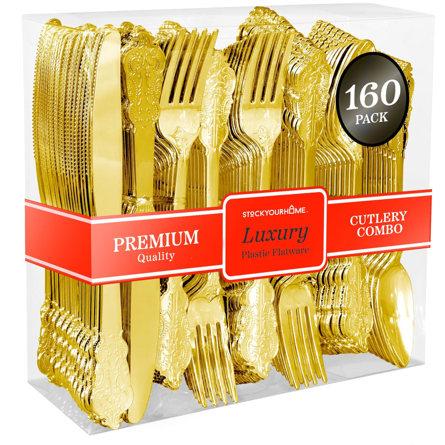 Stock Your Home Silver Plastic Silverware Dinnerware Flatware 160 set (French Vermeil Cutlery)