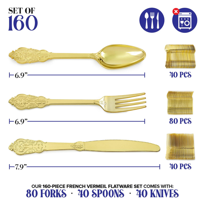 Stock Your Home Silver Plastic Silverware Dinnerware Flatware 160 set (French Vermeil Cutlery)