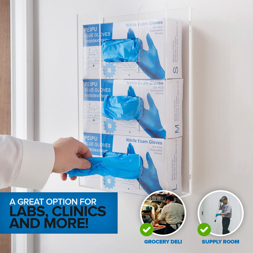 Stock Your Home Triple Acrylic Gloves Dispenser (2 Pack) Tissue Box Shelf, Glove Holder Wall Mount, for Kitchen, Cleaning Closet, Lab, Exam, Office