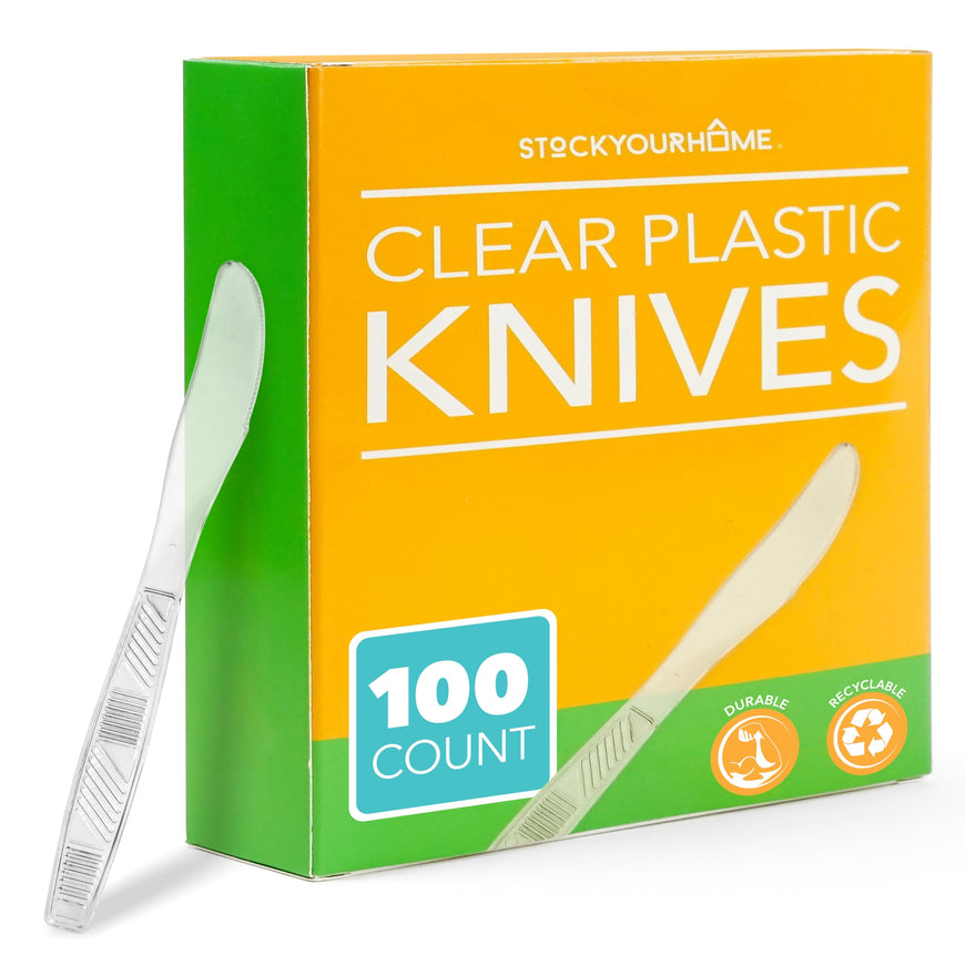 Stock Your Home Clear Plastic Knives - Heavyweight Disposable Utensils (100 Pack) for Party Supplies, Heavy Duty Plasticware Bulk