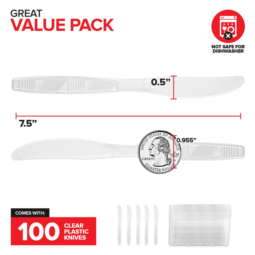 Stock Your Home Clear Plastic Knives - Heavyweight Disposable Utensils (100 Pack) for Party Supplies, Heavy Duty Plasticware Bulk