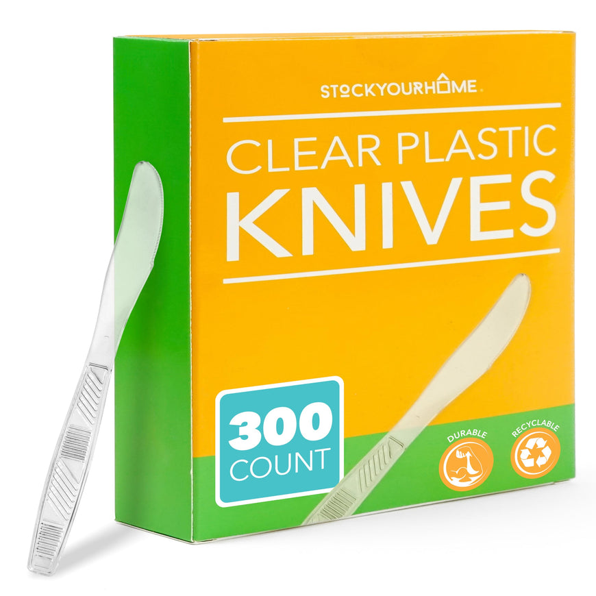 Stock Your Home Clear Heavy Duty Knives (300 Pack), Plasticware Disposable Knives Bulk, Plastic Utensils for Party Supplies