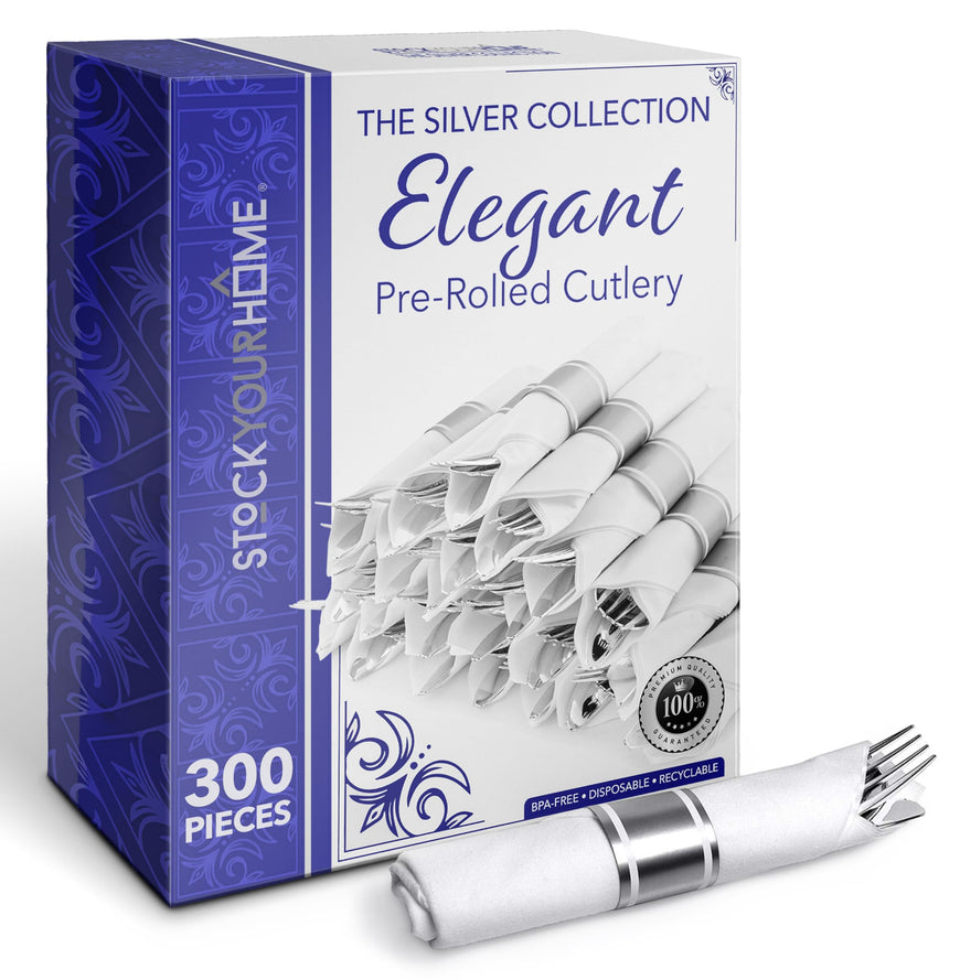 Pre-Rolled Napkin and Cutlery Set - 300 packs - Silver