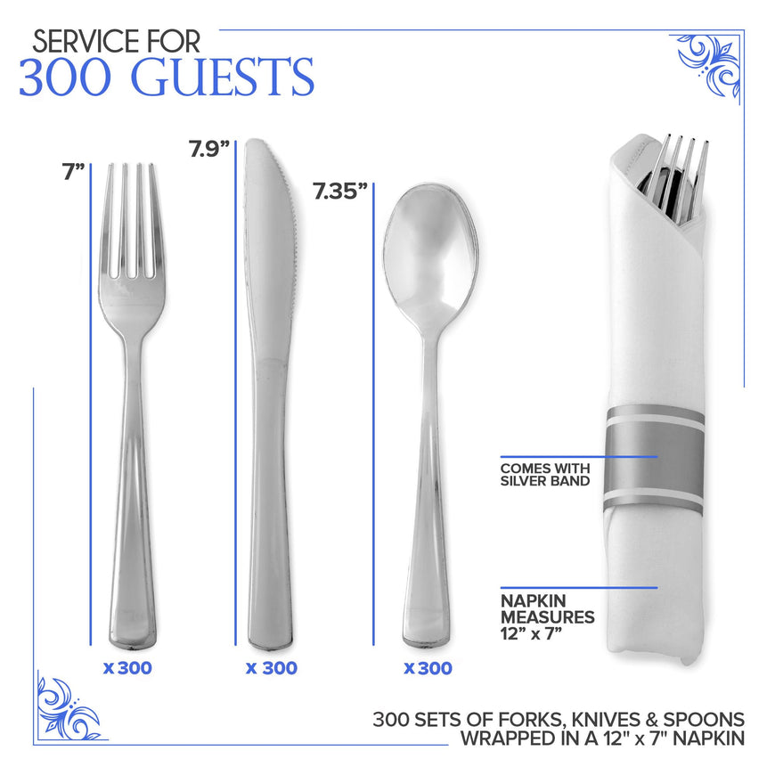 Pre-Rolled Napkin and Cutlery Set - 300 packs - Silver