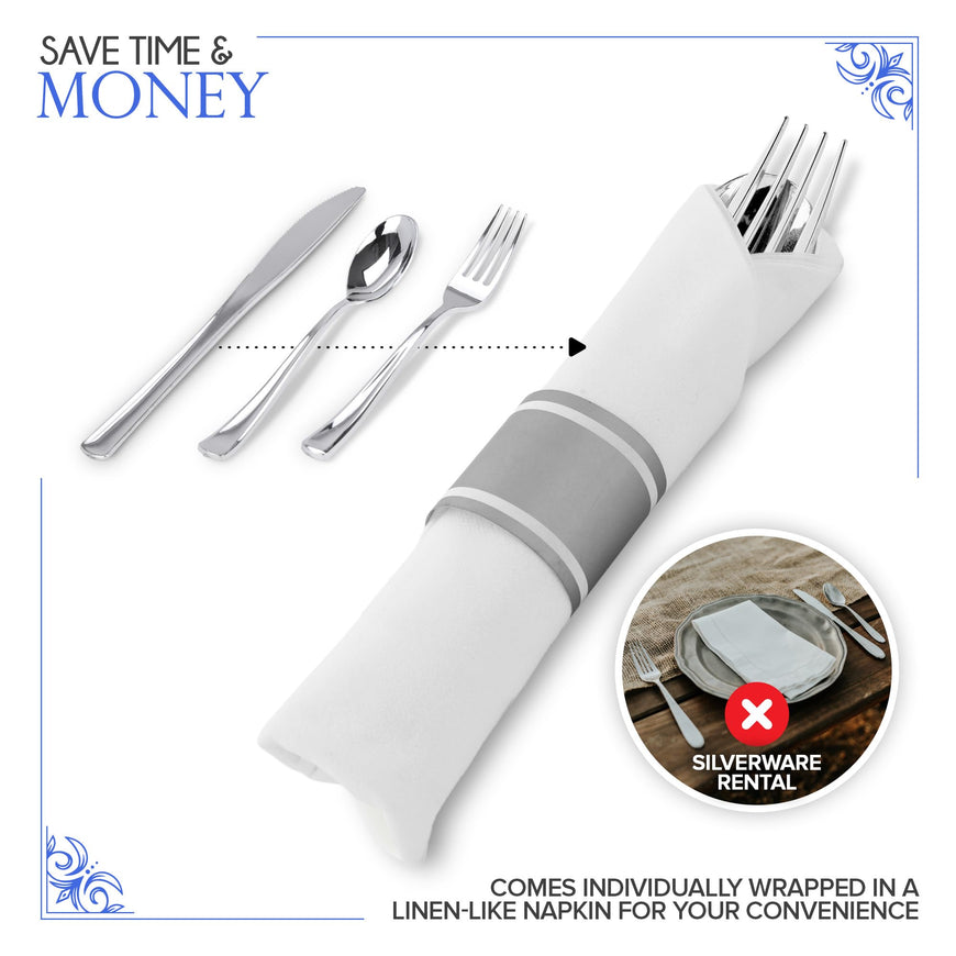 Pre-Rolled Napkin and Cutlery Set - 300 packs - Silver