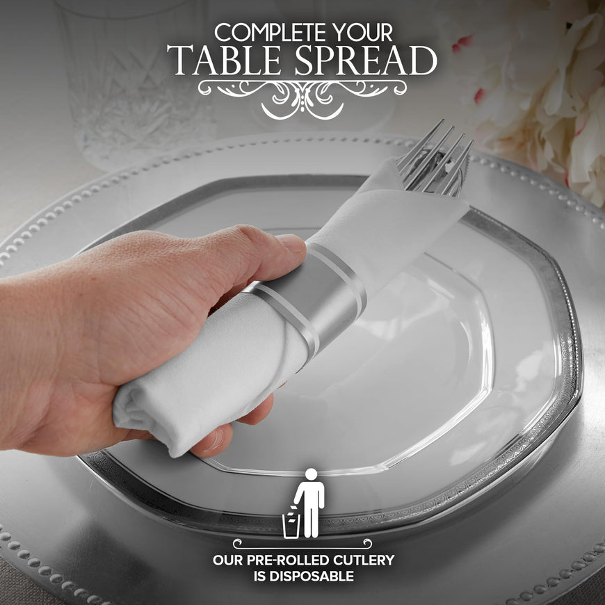 Pre-Rolled Napkin and Cutlery Set - 300 packs - Silver