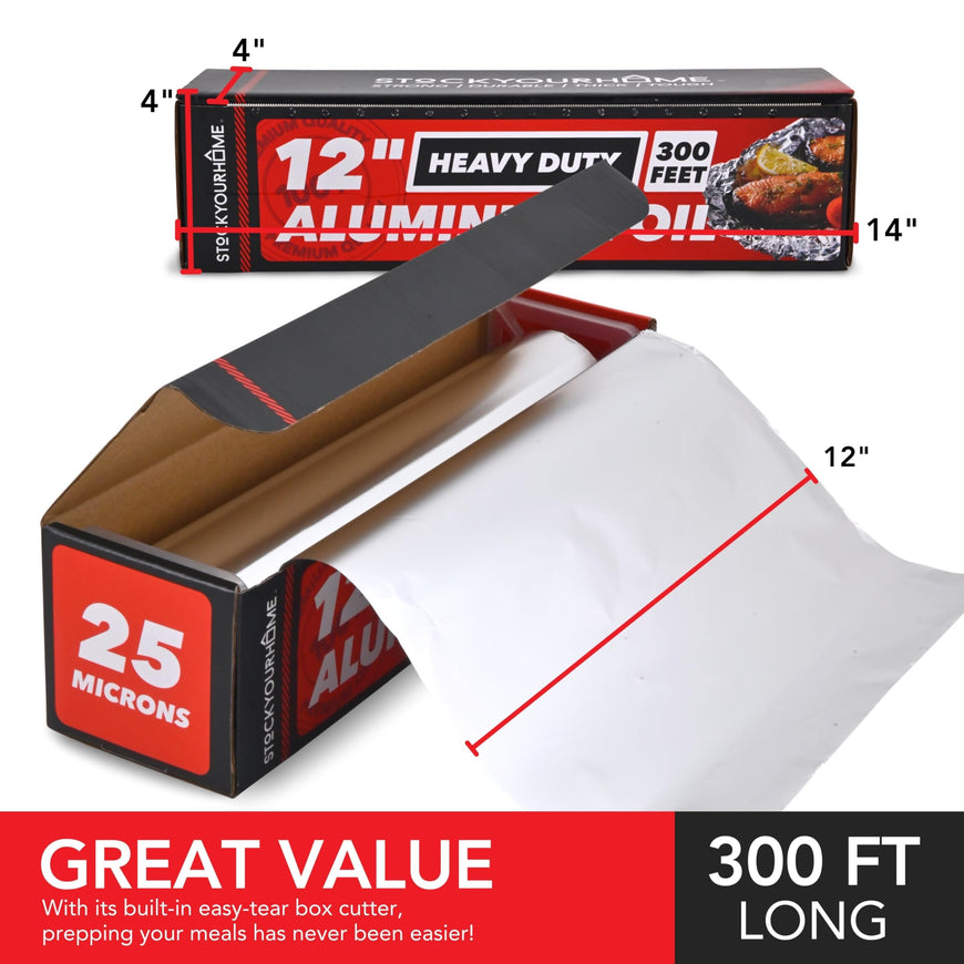 Stock Your Home Heavy Duty Aluminum Foil Roll, 300 FT x 12 Inches Wide Aluminum Foil Heavy Duty Rolls, Heavy Duty Foil with Easy Tear Dispenser, Premium Tinfoil Roll to Wrap & Store Food, Silver