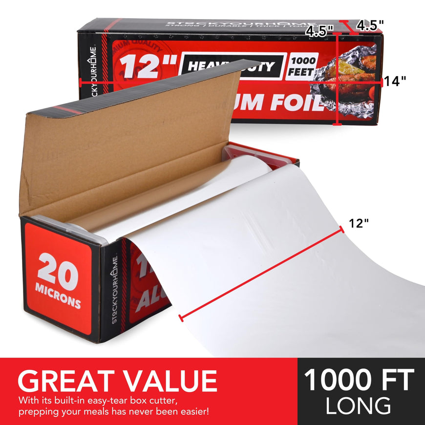 Stock Your Home Heavy Duty Aluminum Foil Roll, 1000 FT x 12 Inches Wide Non Stick Aluminum Foil Heavy Duty Rolls, Heavy Duty Foil with Easy Tear Dispenser, Premium Tinfoil Roll to Wrap & Store Food