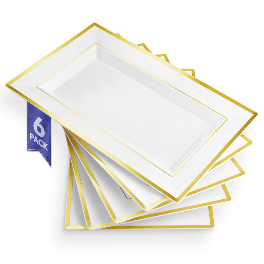 (6 Pcs) Premium White and Gold Plastic Serving Tray, Plastic Serving Platter Disposable, White Rectangle Party Trays and Platters for Fruit, Dessert, Cookies, Appetizers, Holiday Parties