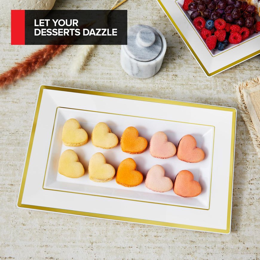 (12 Pcs) Premium White and Gold Plastic Serving Tray, Plastic Serving Platter Disposable, White Rectangle Party Trays and Platters for Fruit, Dessert, Cookies, Appetizers, Holiday Parties