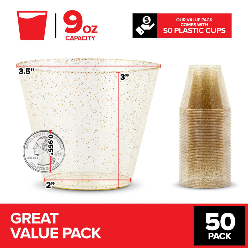 Elegant 9oz Gold & Clear Glitter Plastic Cups (50 Pack) - Fancy Disposable Wedding & Party Cups for Birthdays, Weddings, Holidays