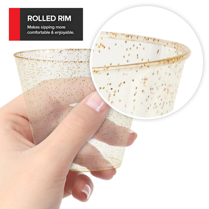 Elegant 9oz Gold & Clear Glitter Plastic Cups (50 Pack) - Fancy Disposable Wedding & Party Cups for Birthdays, Weddings, Holidays