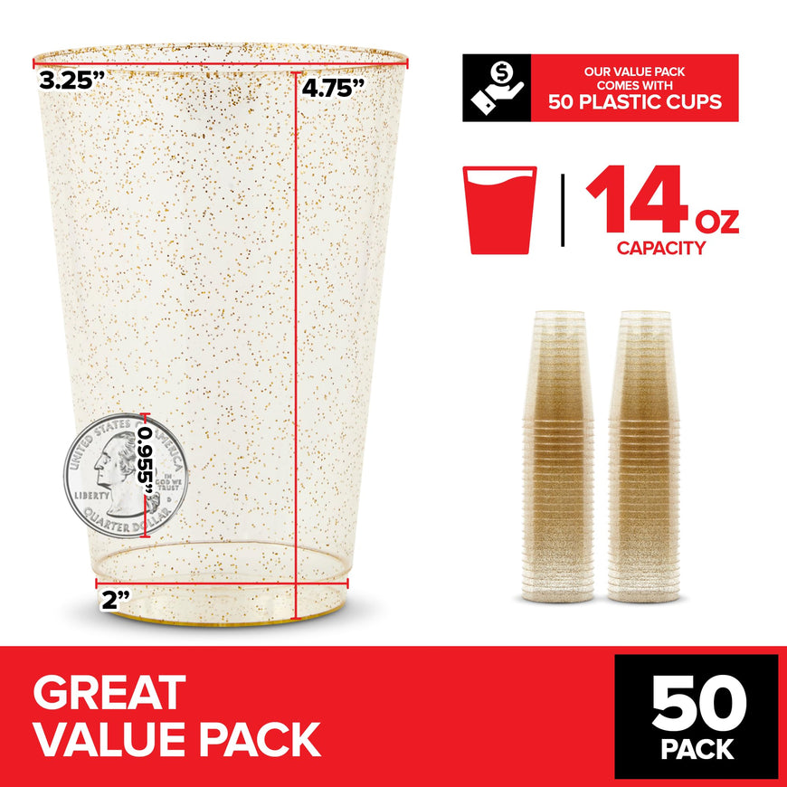 14oz Gold Glitter Plastic Cups (50 Pack), Elegant Party Cups for Birthday Parties, Weddings, and Holidays, Fancy Disposable Cocktail Glasses, Clear and Gold Cups, Bulk Wine and Mimosa Cups