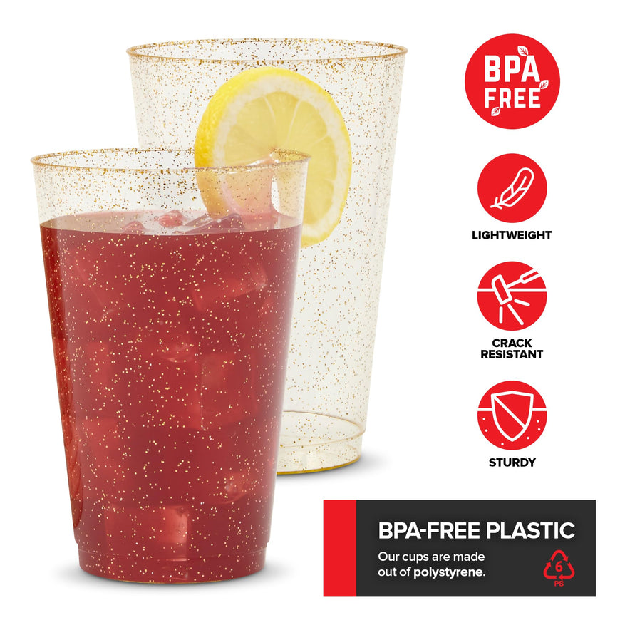 14oz Gold Glitter Plastic Cups (50 Pack), Elegant Party Cups for Birthday Parties, Weddings, and Holidays, Fancy Disposable Cocktail Glasses, Clear and Gold Cups, Bulk Wine and Mimosa Cups
