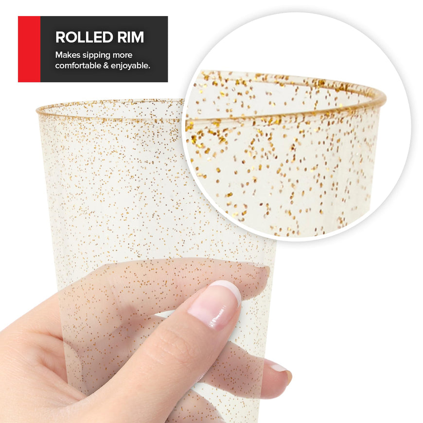 14oz Gold Glitter Plastic Cups (50 Pack), Elegant Party Cups for Birthday Parties, Weddings, and Holidays, Fancy Disposable Cocktail Glasses, Clear and Gold Cups, Bulk Wine and Mimosa Cups