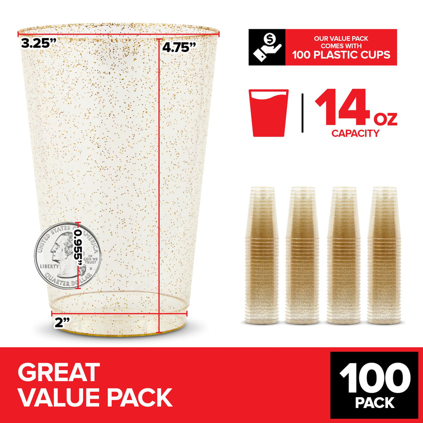14oz Gold Glitter Plastic Cups (100 Pack), Elegant Party Cups for Birthday Parties, Weddings, and Holidays, Fancy Disposable Cocktail Glasses, Clear and Gold Cups, Bulk Wine and Mimosa Cups