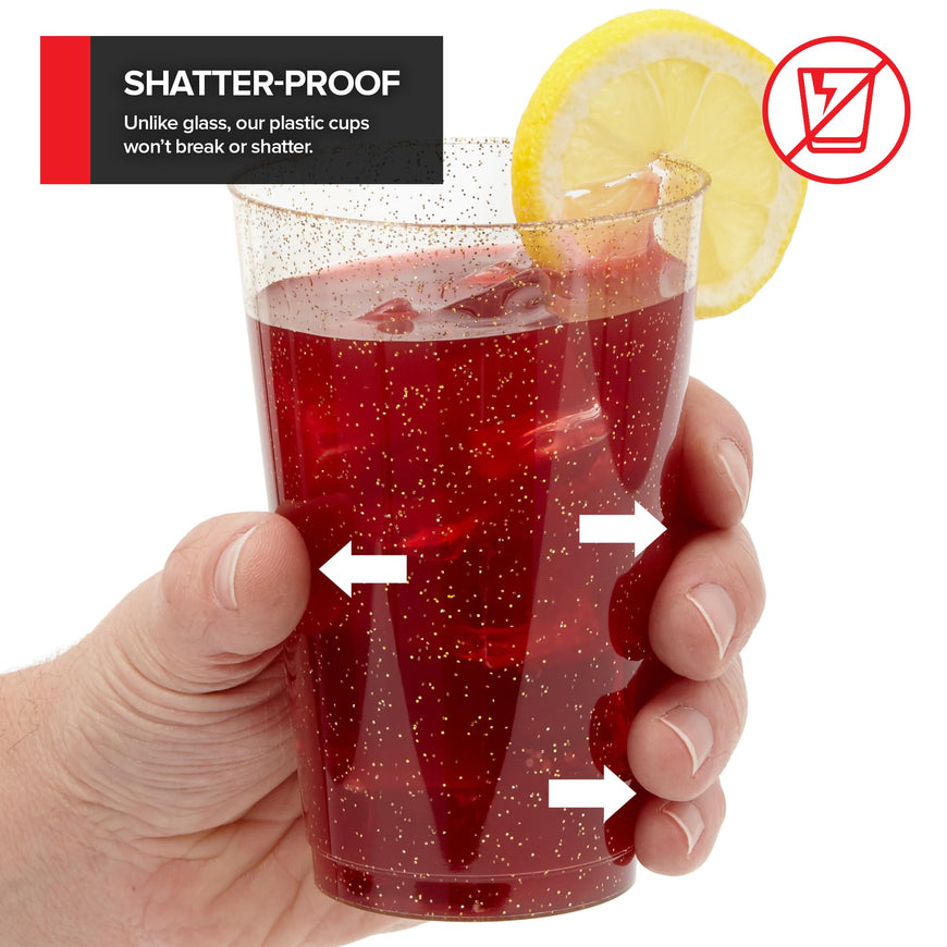 14oz Gold Glitter Plastic Cups (100 Pack), Elegant Party Cups for Birthday Parties, Weddings, and Holidays, Fancy Disposable Cocktail Glasses, Clear and Gold Cups, Bulk Wine and Mimosa Cups