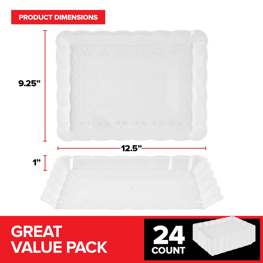(24 Pcs) Clear Plastic Serving Tray 9x13, Large Plastic Serving Platter Disposable, Rectangle Party Trays and Platters for Fruit, Dessert, Cookies, Appetizers, Food, Entertaining, Holiday Parties