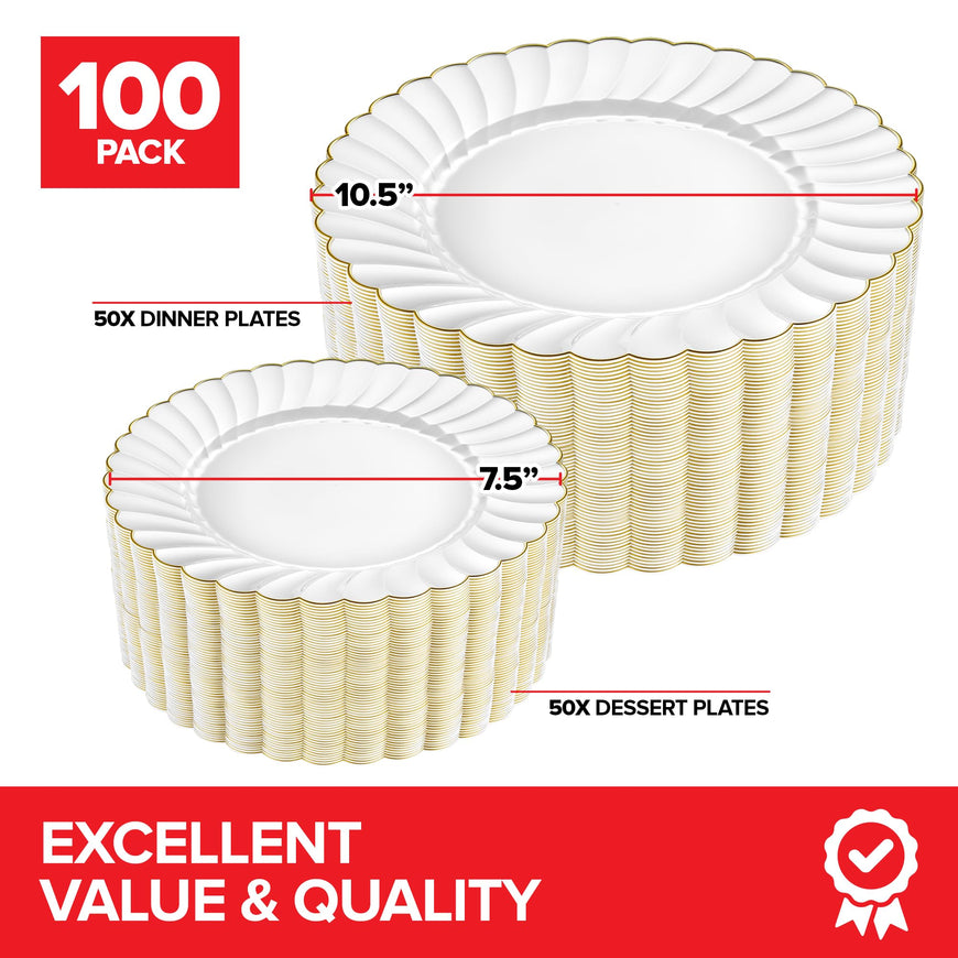 Scalloped Ivory and Gold Plates (100 Pack)