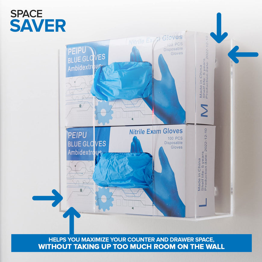 Stock Your Home Double Acrylic Gloves Dispenser (2 Pack) Tissue Box Shelf, Glove Holder Wall Mount, for Kitchen, Cleaning Closet, Lab, Exam, Office