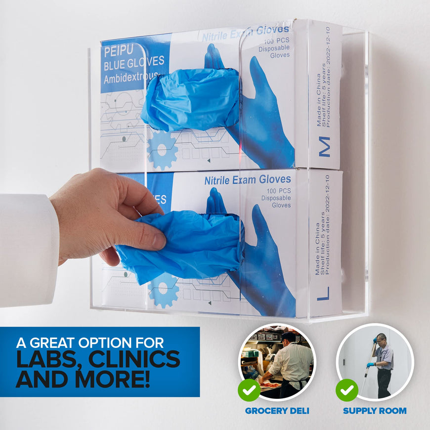 Stock Your Home Double Acrylic Gloves Dispenser (2 Pack) Tissue Box Shelf, Glove Holder Wall Mount, for Kitchen, Cleaning Closet, Lab, Exam, Office