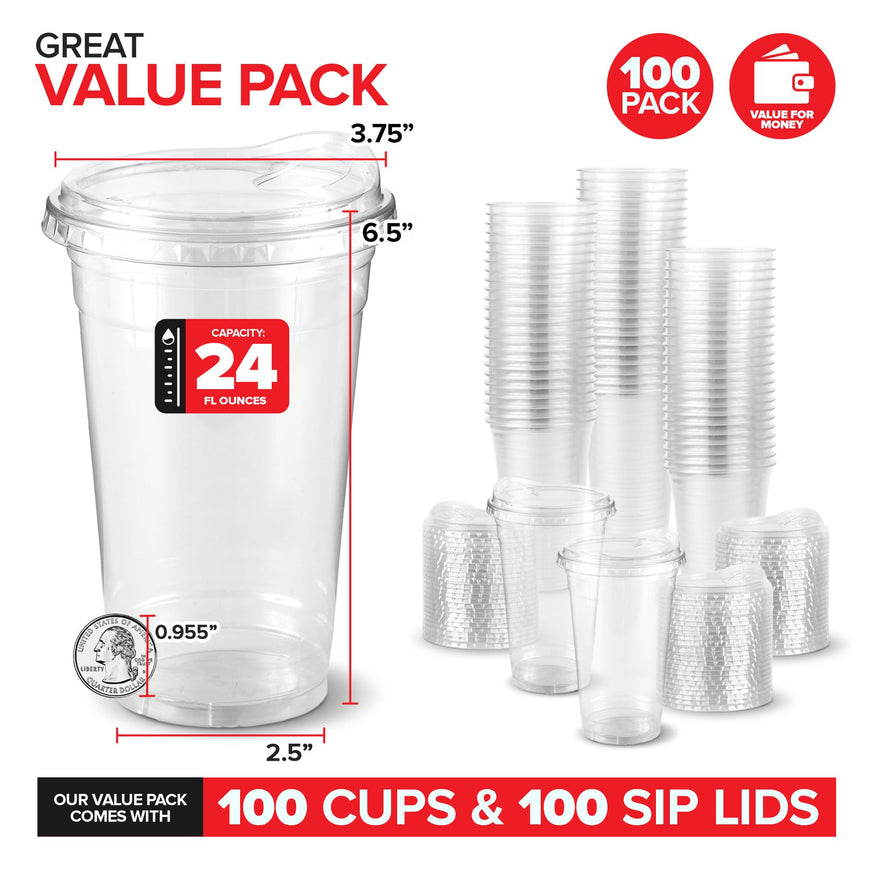 24 oz Clear Plastic Cups with Lids Disposable, 100 Count Togo Drinking Cup with Strawless Sip Lid for Smoothie, Cold Brew Iced Coffee, Lemonade, Ice Latte, Boba, Party Drinks, Bulk, 24 Ounce
