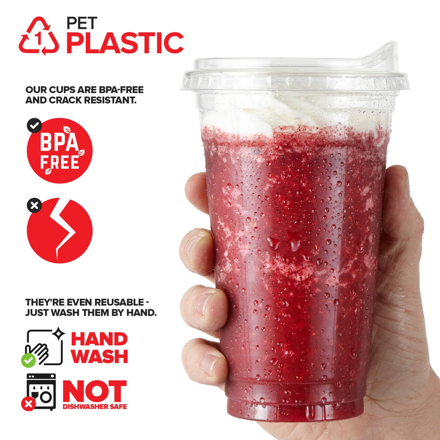 24 oz Clear Plastic Cups with Lids Disposable, 100 Count Togo Drinking Cup with Strawless Sip Lid for Smoothie, Cold Brew Iced Coffee, Lemonade, Ice Latte, Boba, Party Drinks, Bulk, 24 Ounce