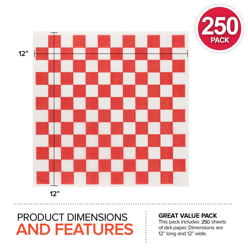 Deli Paper Sheets (1000 Count) 12-Inch Red Checkered Square Sandwich Wrapping Paper Grease Resistant Perfect for Concession Stand, Carnival, Party, Fast Food, Cheese, Basket Liner and Food Packaging