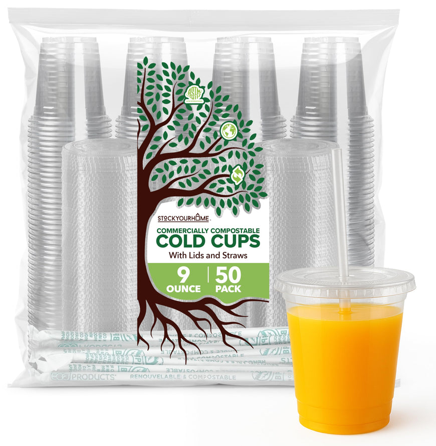 Stock Your Home 9 oz Clear Cold Cups with Lids and Straws (50 Pack), Disposable Drink Cups