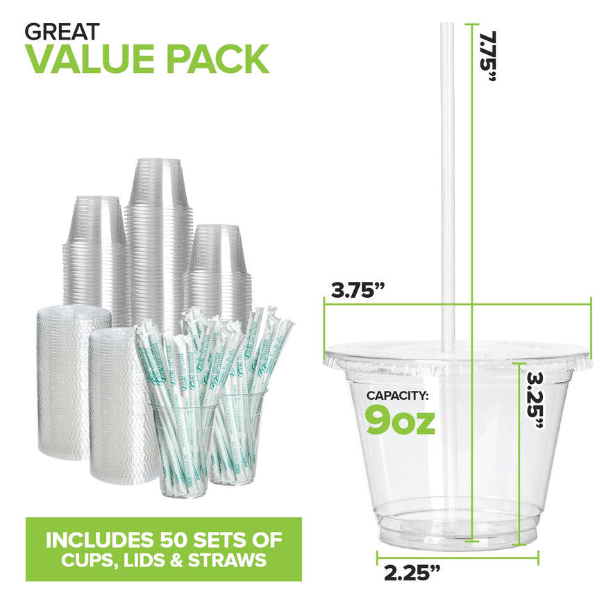 Stock Your Home 9 oz Clear Cold Cups with Lids and Straws (50 Pack), Disposable Drink Cups