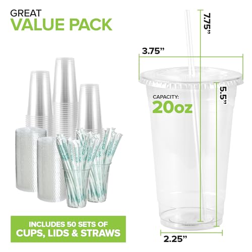 Stock Your Home 20 oz Clear Cold Cups with Lids and Straws (50 Pack), Disposable Drink Cups
