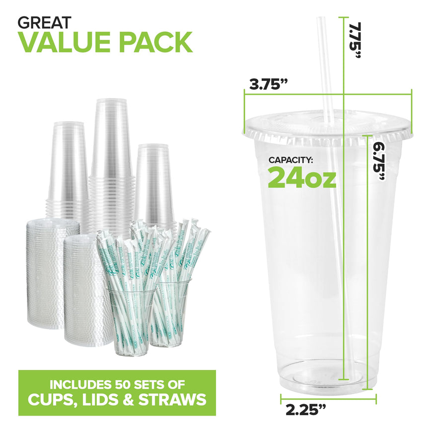 Stock Your Home 24 oz Clear PLA Cold Cups with Lids and Straws 50 Pack Disposable Party Cups