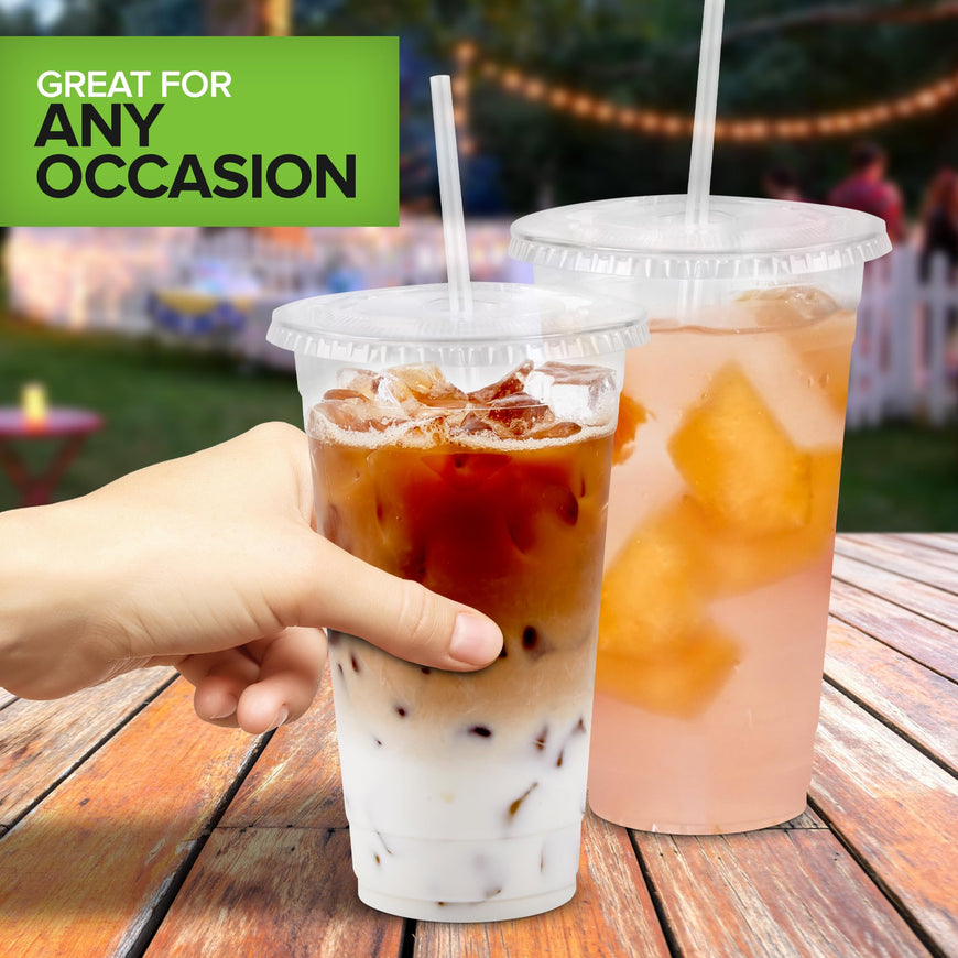 Stock Your Home 24 oz Clear PLA Cold Cups with Lids and Straws 50 Pack Disposable Party Cups