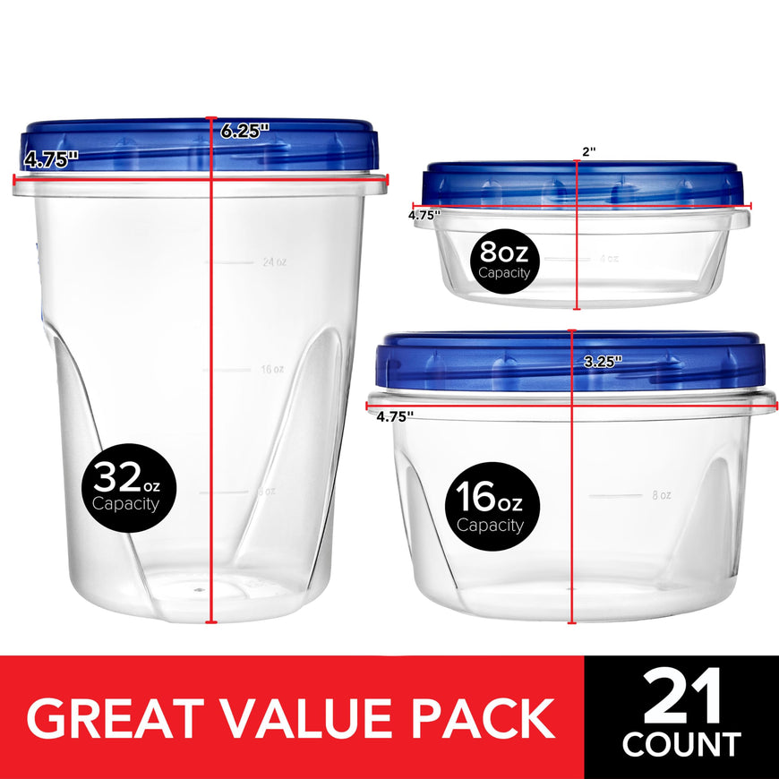 Combo Plastic Containers with Twist Top Lids 5 x 32oz, 10 x 16oz, & 6 x 8oz, Quart, 2 Cup, 1 Cup Freezer Containers for Leftover Food, Airtight Reusable Soup Cups, Microwave and Dishwasher Safe