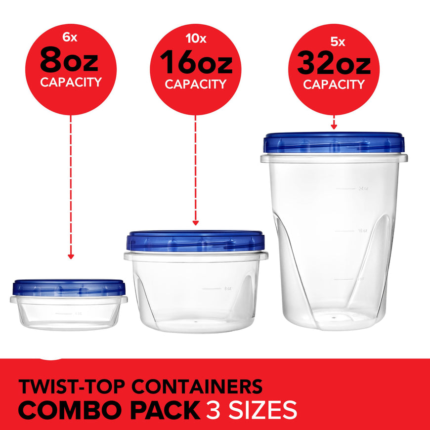 Combo Plastic Containers with Twist Top Lids 5 x 32oz, 10 x 16oz, & 6 x 8oz, Quart, 2 Cup, 1 Cup Freezer Containers for Leftover Food, Airtight Reusable Soup Cups, Microwave and Dishwasher Safe