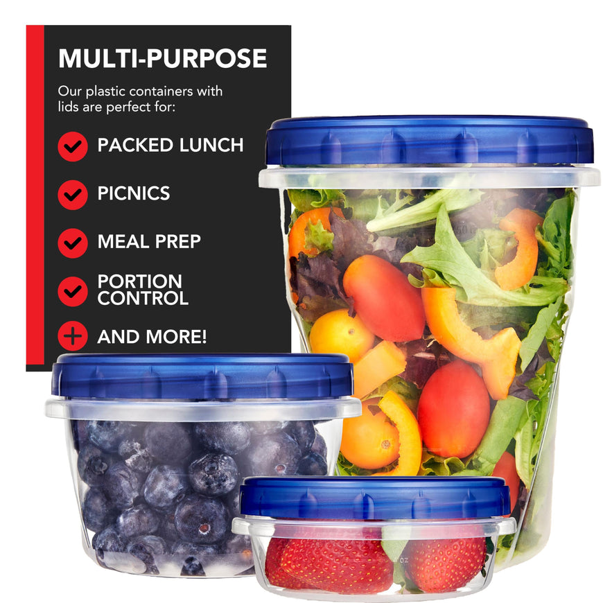 Combo Plastic Containers with Twist Top Lids 5 x 32oz, 10 x 16oz, & 6 x 8oz, Quart, 2 Cup, 1 Cup Freezer Containers for Leftover Food, Airtight Reusable Soup Cups, Microwave and Dishwasher Safe