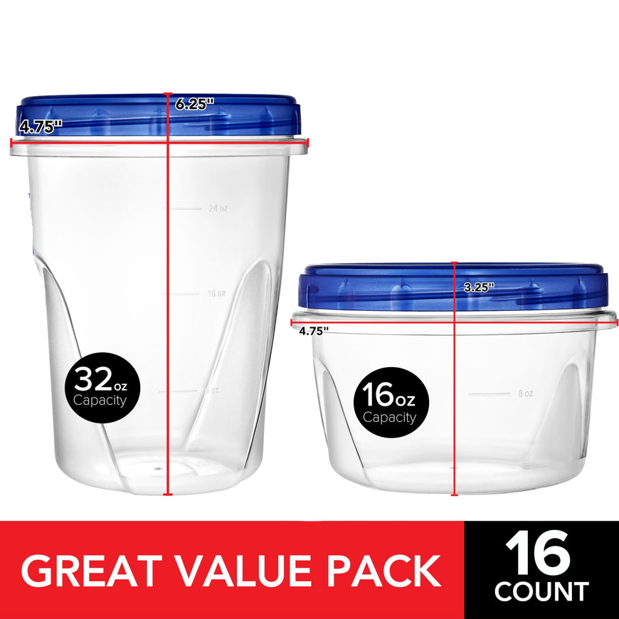 Stock Your Home Combo Plastic Food Containers with Lids â€“ 6 x 32oz & 10 x 16oz Reusable Freezer Containers, Airtight Soup Cups for Leftovers, Microwave & Dishwasher Safe