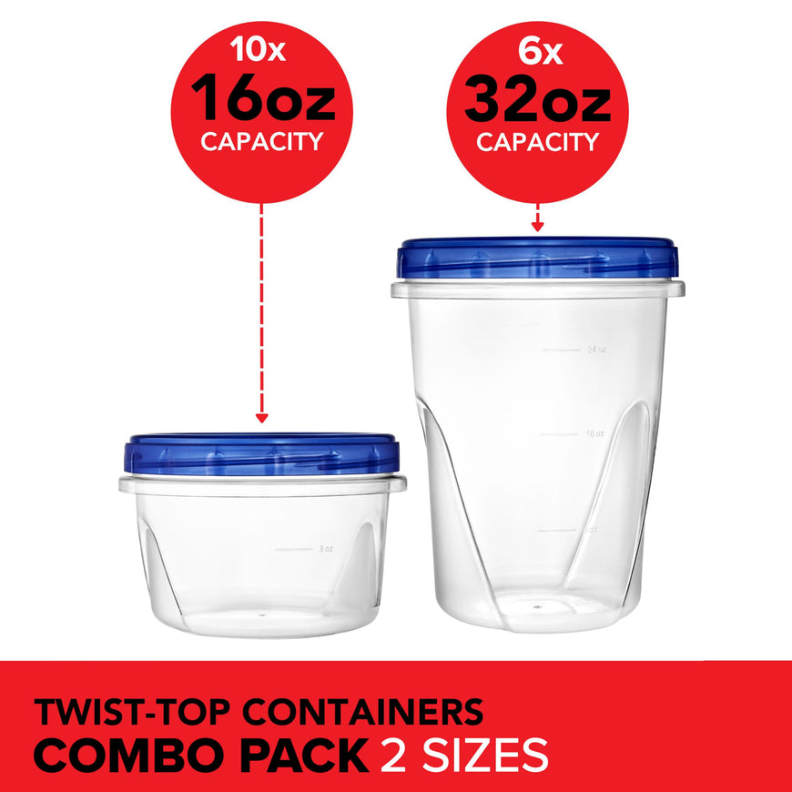 Stock Your Home Combo Plastic Food Containers with Lids â€“ 6 x 32oz & 10 x 16oz Reusable Freezer Containers, Airtight Soup Cups for Leftovers, Microwave & Dishwasher Safe