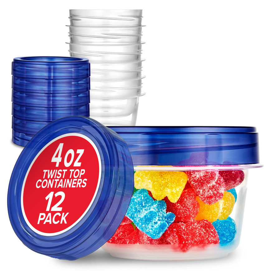 Stock Your Home 4oz Plastic Containers with Twist Top Lids (12 Pack), 1/2 Cup Small Freezer Containers for Leftover Food, Airtight Reusable Soup Containers with Lids, Microwave and Dishwasher Safe