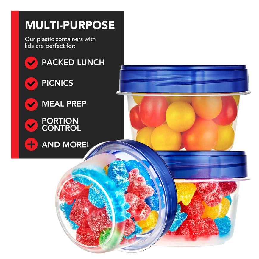 Stock Your Home 4oz Plastic Containers with Twist Top Lids (12 Pack), 1/2 Cup Small Freezer Containers for Leftover Food, Airtight Reusable Soup Containers with Lids, Microwave and Dishwasher Safe