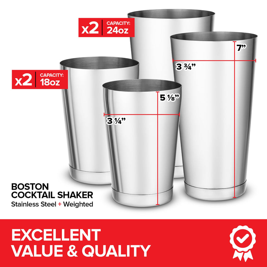 (2 Pack) Boston Cocktail Shaker, Drink Mixing Set (18oz & 24oz) Weighted Stainless Steel Shaker Tins, Cocktail & Martini Mixed Drink Shakers, Essential & Professional Bar Tools For Bartending