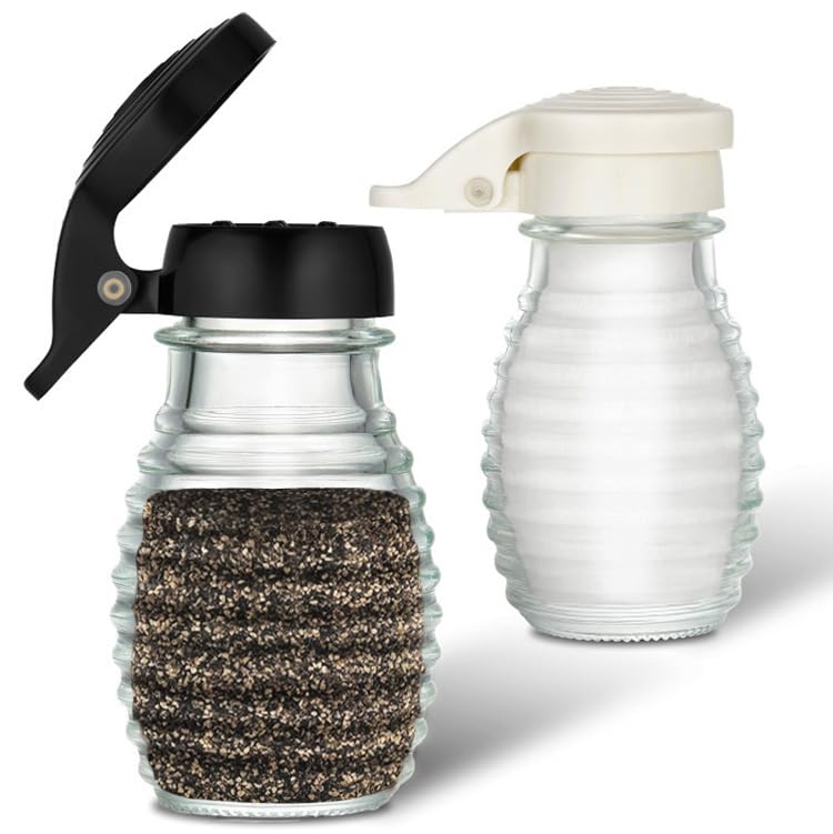No Spill Salt & Pepper Shakers with Hinge Top, Moisture-Proof Lids- Honeycomb Glass table Salt and Pepper Shaker Set with Airtight, Self Closing Covers for Restaurants, Diners, Home & Cafes