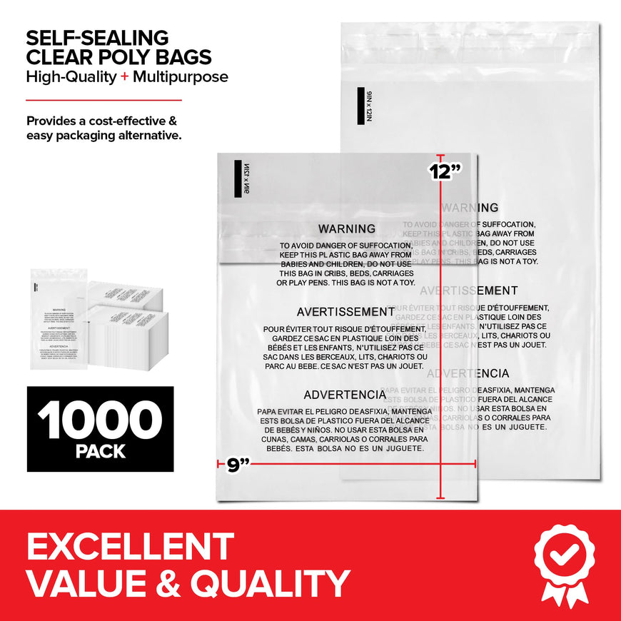1000- Pack Self Sealing Clear Poly Bags, 9x12