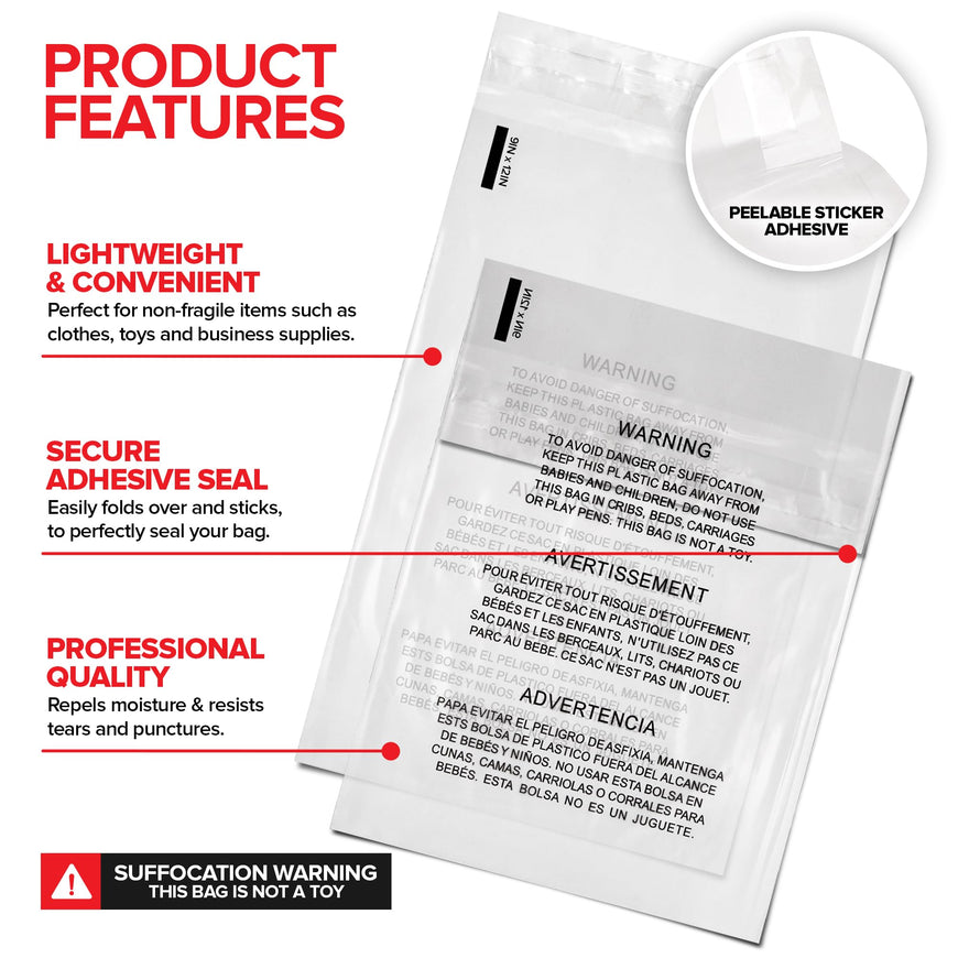 1000- Pack Self Sealing Clear Poly Bags, 9x12