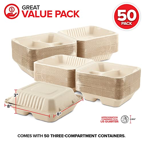 Bagasse Clamshell Takeout Containers, Biodegradable Eco Friendly Take Out to Go Food Containers with Lids (8x8) 50 Count