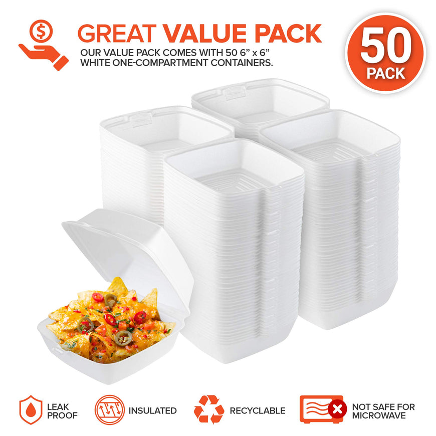 Stock Your Home 6 x 6 Styrofoam Clamshell Container - 50 Count